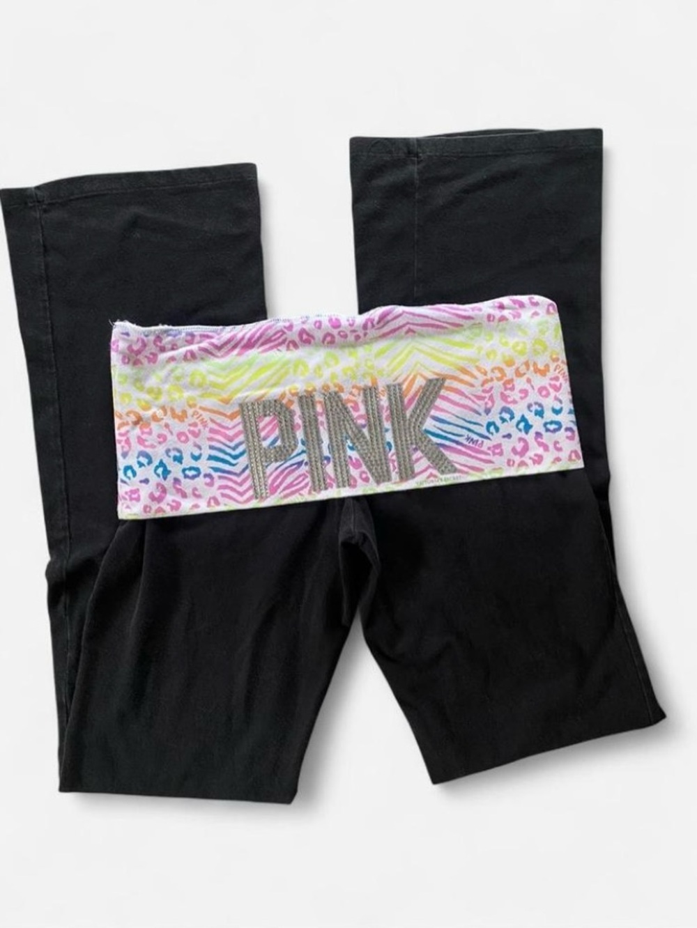 Rare Y2K Victoria’s Secret PINK Neon Animal Print Foldover Flares w Rhinestones